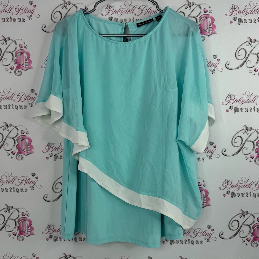 Nina Leonard blouse top flowy flormal blue Teal and White Layered Blouse